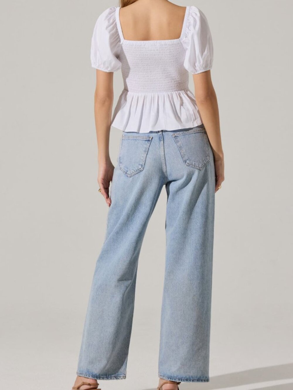 ASTR The Label Smocked White Puff Sleeve Peplum Blouse Bow Shirt Large 12 14 NWT - Picture 4 of 5